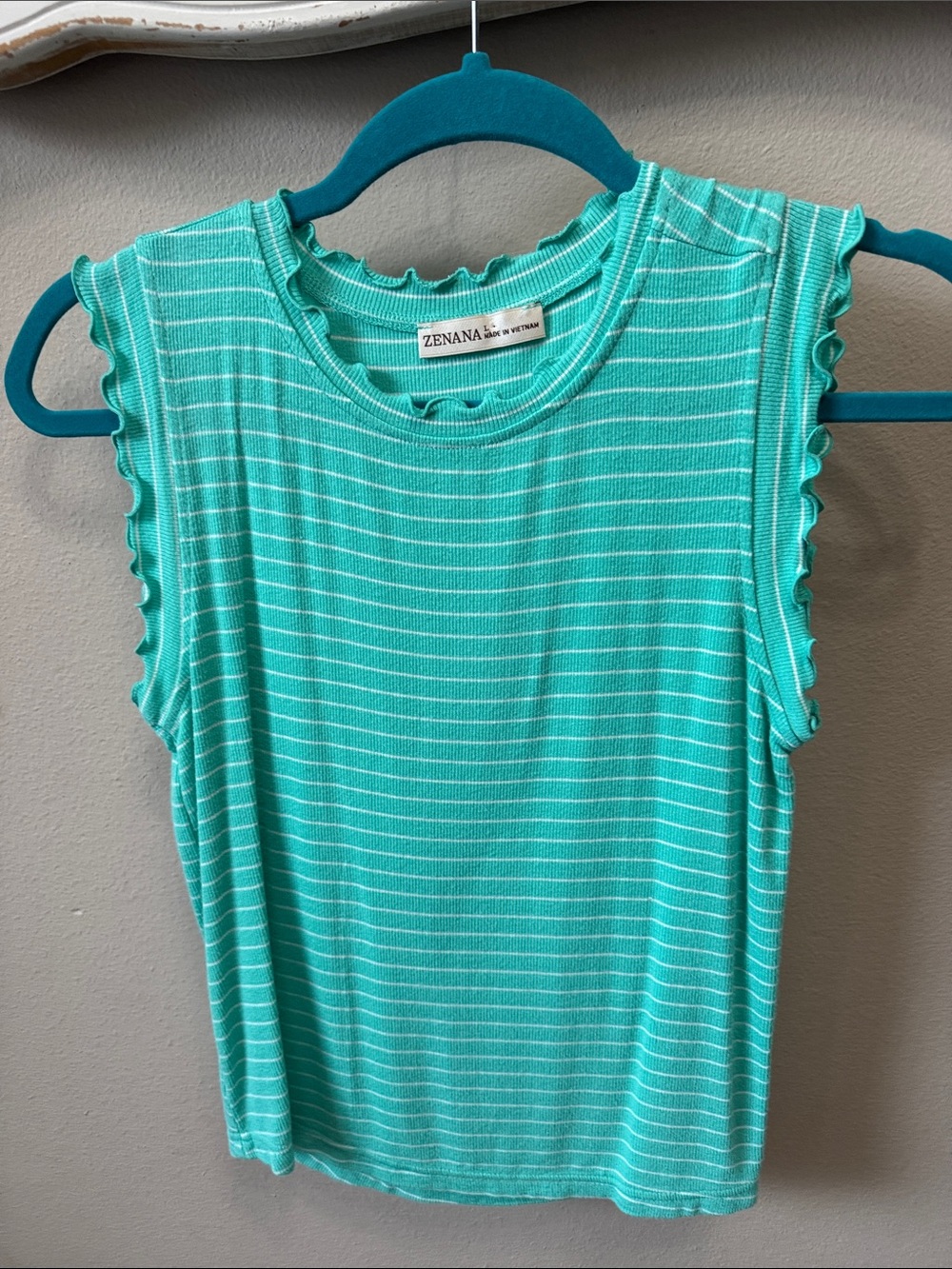 Zenana Outfitters Teal & White Striped Ruffle-Trim Tank
